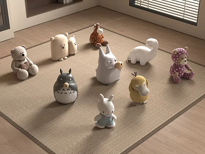 Different Plush Stuffed Animal Toys Including Bear Rabbit Giraffe Owl And Penguin On Soft Carpet 3d model