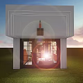 Modern Bar Entrance Design With Warm Interior Lighting And Sunset Sky Over Green Grass