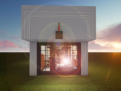 Modern Bar Entrance Design With Warm Interior Lighting And Sunset Sky Over Green Grass 3d model