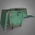 Green Worn Trash Bins With Wheels And One Open Lid Design