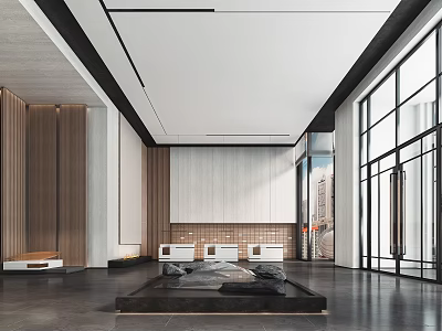 Modern Hotel Lobby Interior With Large Windows Wooden Walls And Marble Flooring 3d model