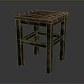 Dark Brown Wooden Stool With Textured Square Seat And Cross Bar Structure