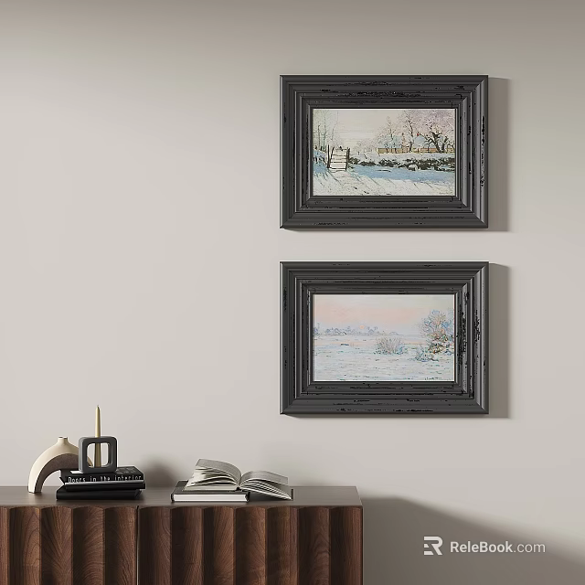 Two Black Framed Snow Scene Paintings On Wall With Living Room Table Decor 3d model
