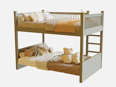 Kids Bunk Bed Bedroom Furniture With Ladder Mattress Pillows And Teddy Bears 3d model