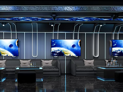 Stylish KTV Lounge with Modern Black Blue Lighting Large TVs and Comfortable Sofas 3d model
