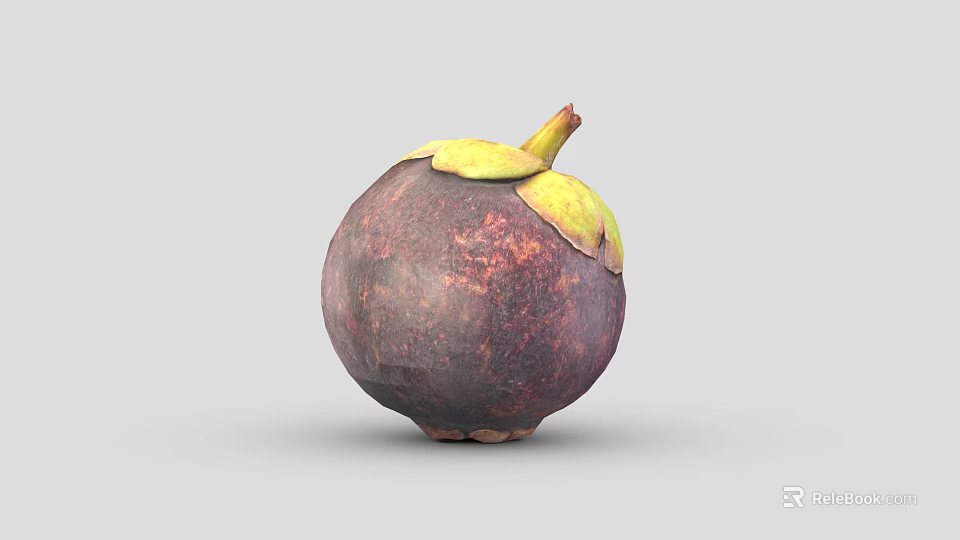 Fresh Ripe Mangosteen with Purple Skin and Green Leafy Calyx on Clean Background 3d model 