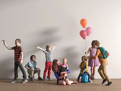 Group of kids and an adult playing together with balloons toy airplane backpacks 3d model