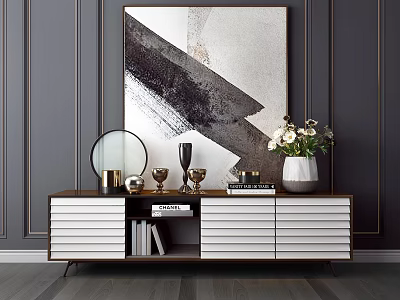 Modern Stylish Console Table With Round Mirror White Flower Vase Books And Abstract Painting 3d model