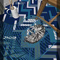 Reptile Resting On Blue Metal Chair With Blue And White Geometric Floor