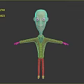 3D Bald Headed Cartoon Character With Big Eyes Purple Coat Blue Shirt And Arms Outstretched