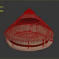 Traditional Round Wooden House With Thatched Roof Red Decoration And Pillars