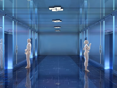 Modern Elevator Hallway Interior With Glass Walls Ceiling Lights And People Standing 3d model