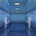 Modern Elevator Hallway Interior With Glass Walls Ceiling Lights And People Standing