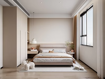 Minimalist Cozy Bedroom Interior With Beige Wardrobe Wooden Floor Pendant Light And Curtains 3d model