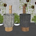 Natural Style Stone And Wooden Washbasin With Green Hanging Plants And Potted Greenery