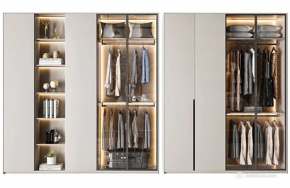 Modern Wardrobe Interior With Glass Doors Built In Lighting And Layered Storage Sections 3d model 