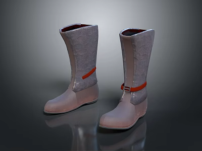Stylish Gray Tall Fabric Boots With Red Straps And Rubber Sole 3d model
