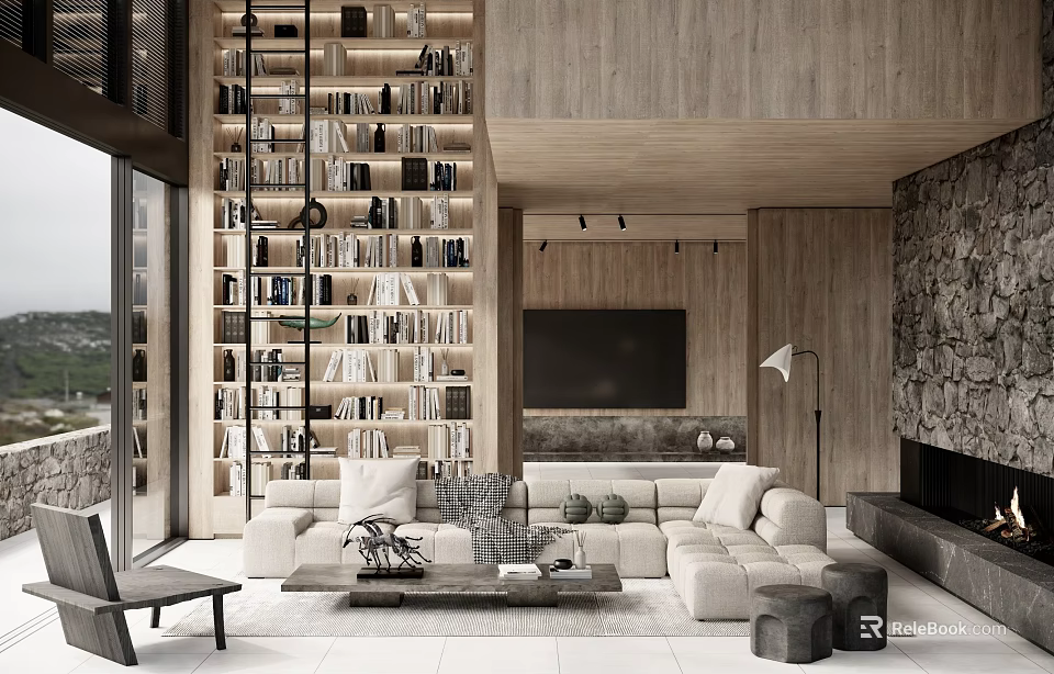 Modern Duplex Living Room Interior Design With Floor to Ceiling Bookshelf Stone Wall and Cozy Sofa 3d model 