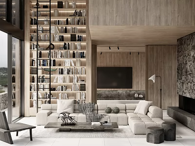Modern Duplex Living Room Interior Design With Floor to Ceiling Bookshelf Stone Wall and Cozy Sofa 3d model