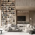 Modern Duplex Living Room Interior Design With Floor to Ceiling Bookshelf Stone Wall and Cozy Sofa