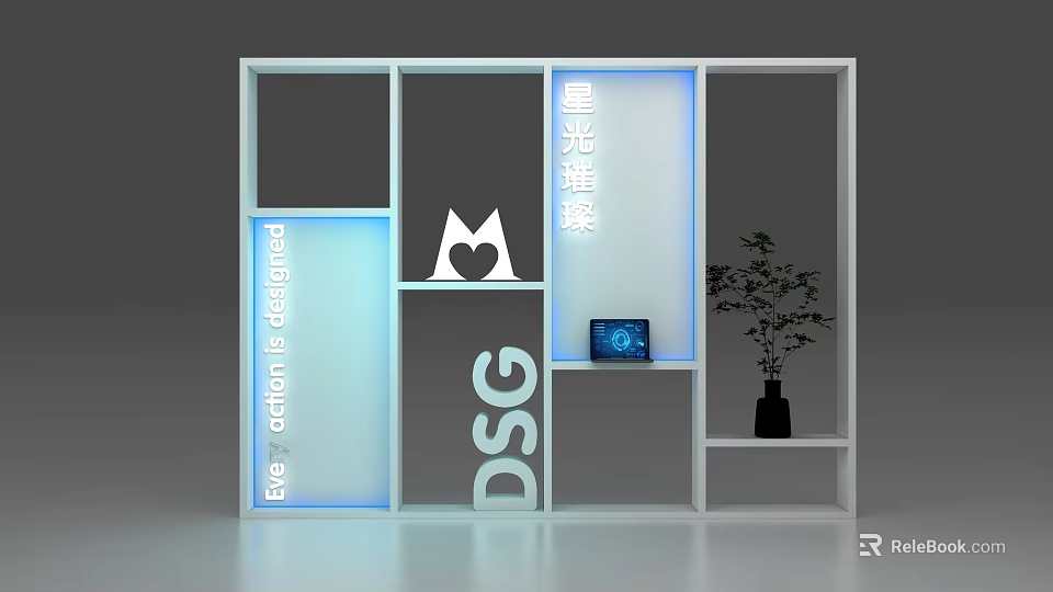 Modern Display Cabinet Shelf With Blue Lighting Cat Shaped Design Laptop And Potted Plant 3d model 