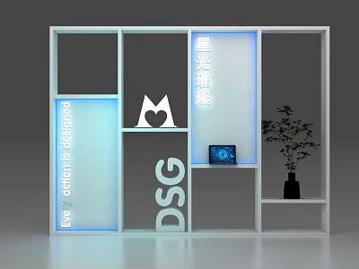Modern Display Cabinet Shelf With Blue Lighting Cat Shaped Design Laptop And Potted Plant 3d model