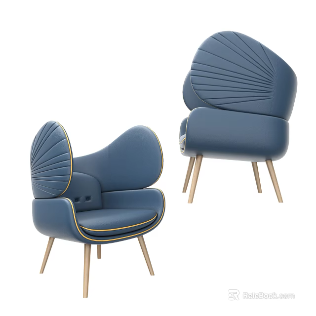 Modern Blue Accent Chair With Shell Shaped Backrest Golden Legs And Stitched Details 3d model 