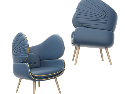 Modern Blue Accent Chair With Shell Shaped Backrest Golden Legs And Stitched Details 3d model