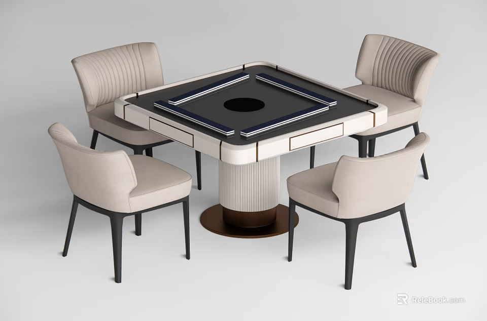 Elegant Square Entertainment Table With Beige Striped Chairs And Black Center Tabletop 3d model 