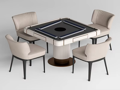 Elegant Square Entertainment Table With Beige Striped Chairs And Black Center Tabletop 3d model