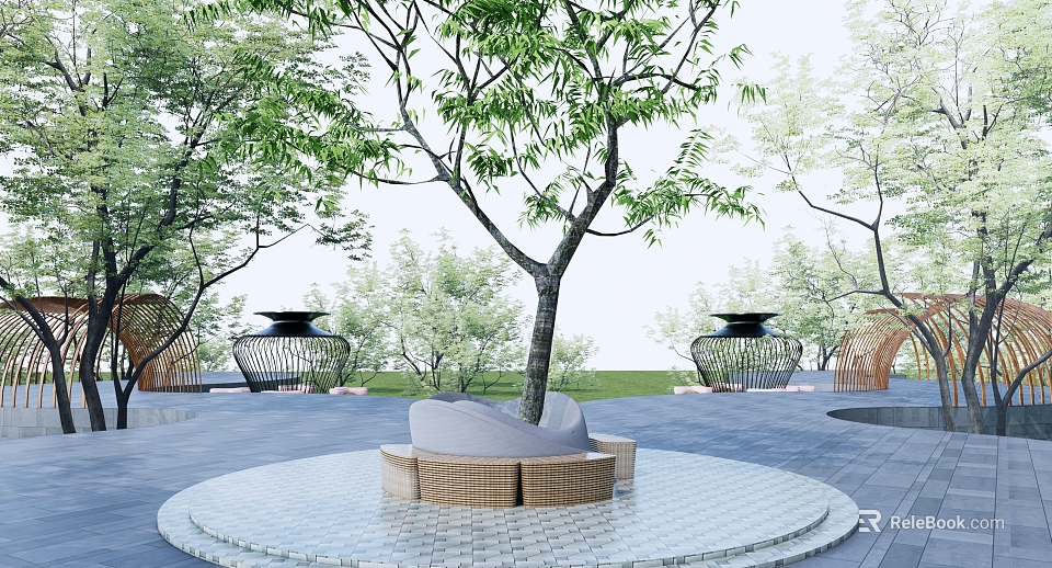 Outdoor Tree Pit With Circular Design Green Leaves Wicker Seats And Tiled Flooring 3d model 