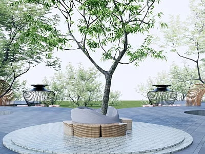 Outdoor Tree Pit With Circular Design Green Leaves Wicker Seats And Tiled Flooring 3d model