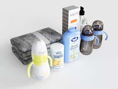 Baby Product Ornament Set With Bottle Towel Lotion And Cups Collection 3d model