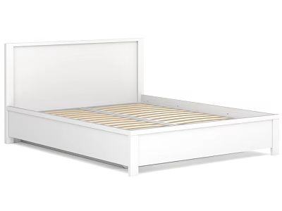 White Double Bed Frame with Simple Design and Wooden Slats for Bedroom 3d model