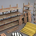 Industrial Equipment Components Including Metal Frames Storage Racks Pipes And Wooden Crates