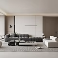 Modern Living Room Interior Design With Gray Sofa White Armchair Coffee Table Rug And Fireplace