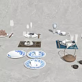 Elegant Tableware Set With Blue White Pattern Dinner Plates Cups And Teapot On Marble Table 3d model