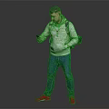 A man wearing hoodie and jeans using phone with backpack on gray background