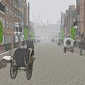 Historic Commercial Street With Red Brick Buildings Horse Drawn Carriages And Cobblestone Road