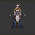 Fantasy Anime Style Woman With White Horns And Orange Blue Outfit