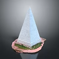 White Pyramid Architectural Structure with Green Grass at the Base and Stone Design