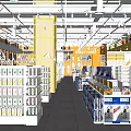 Bright Yellow Shopping Mall Store Entrance with Shelves Products and Shopping Carts