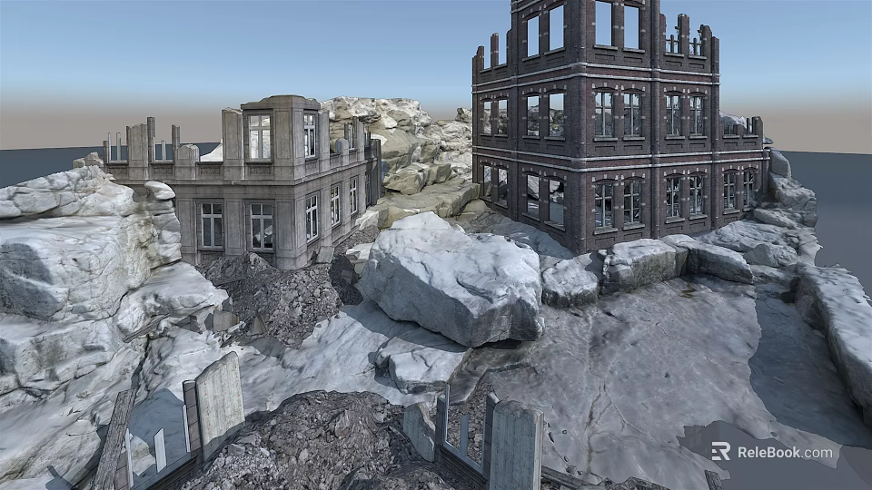 Ruined Building Components With Broken Walls Windows And Structural Frames Surrounded By Debris 3d model