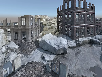 Ruined Building Components With Broken Walls Windows And Structural Frames Surrounded By Debris 3d model