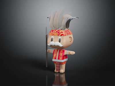 Cartoon Tribal Character Wearing Feather Headdress Holding Spear In Red Golden Patterned Outfit With Mustache 3d model
