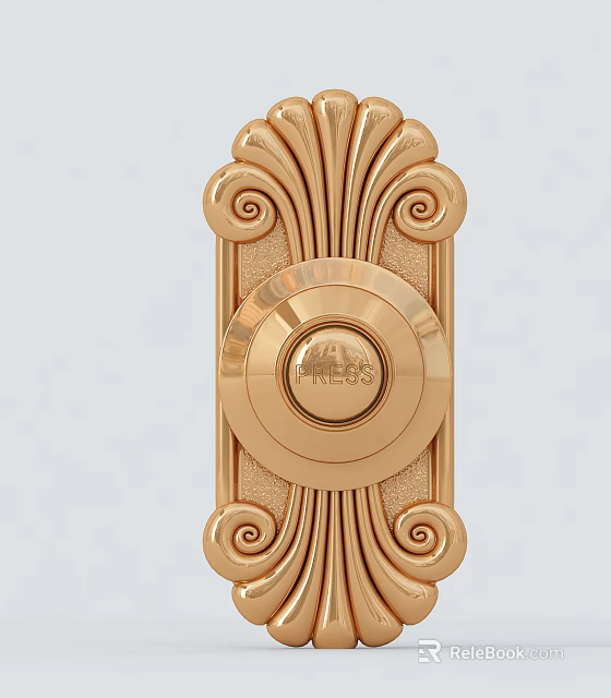 Detailed Ornate Golden Carved Doorbell Button With Intricate Scroll Patterns 3d model 