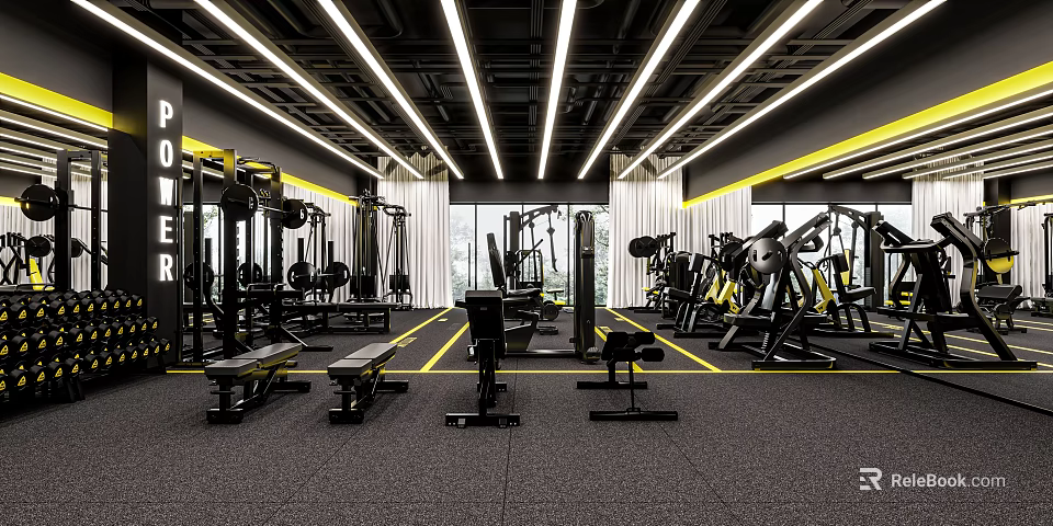 Modern Gym Interior With Fitness Equipment Training Machines Benches And Lighting 3d model 