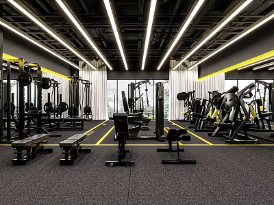 Modern Gym Interior With Fitness Equipment Training Machines Benches And Lighting 3d model