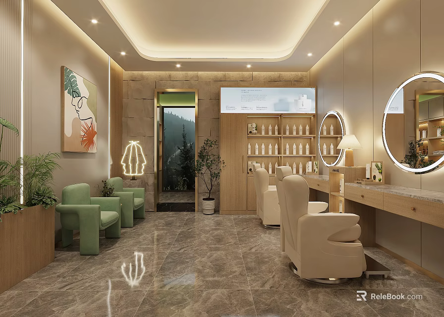 Modern Beauty and Hair Salon Interior with Green Chairs Beige Armchairs Mirrors and Product Shelves 3d model