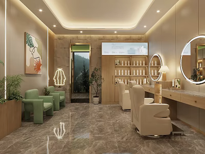Modern Beauty and Hair Salon Interior with Green Chairs Beige Armchairs Mirrors and Product Shelves 3d model